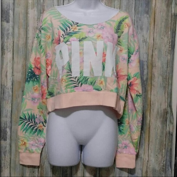 NWT VS PINK TROPICAL CROPPED CREW - Picture 2 of 4
